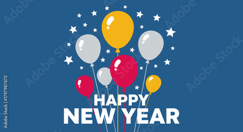 Joyful New Year Celebration with Balloons and Stars on a Festive Blue Background