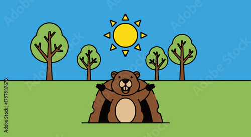 Cartoon illustration of a groundhog emerging from its burrow with trees and a bright sun