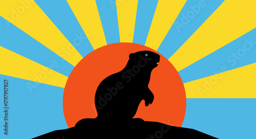Groundhog emerges silhouetted against the rising sun in a burst of colors