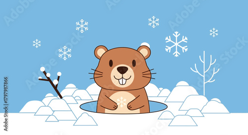Groundhog day greeting card with happy rodent emerging from winter burrow on snow landscape