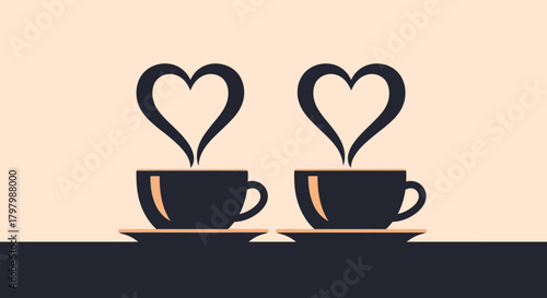 Two cups of steaming coffee with heart-shaped steam convey a warm romantic feeling