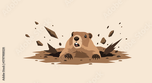 Funny surprised gopher character emerging from its burrow with flying dirt cartoon
