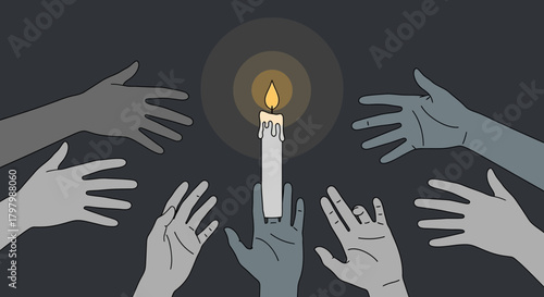Canvastavla Illustration depicting a group of hands reaching toward a solitary candle light