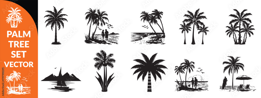 Obraz premium Black palm tree set vector illustration isolated on white background silhouette art black white stock illustration logo icon png. tropical, beach, landscape, pattern, paradise, coconut background set