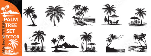 Black palm tree set vector illustration isolated on white background silhouette art black white stock illustration logo icon png. tropical, beach, landscape, pattern, paradise, coconut background  set