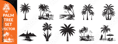 Black palm tree set vector illustration isolated on white background silhouette art black white stock illustration logo icon png. tropical, beach, landscape, pattern, paradise, coconut background  set