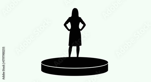 Silhouette of a confident businesswoman standing on a circular platform in monochrome