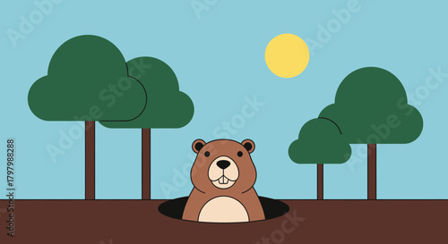 Groundhog emerging from its burrow on a bright day with stylized trees nearby illustration