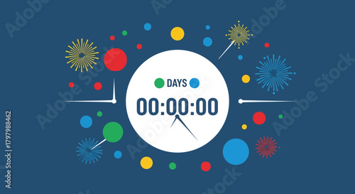 Festive countdown graphic with colorful elements and a prominent timer display