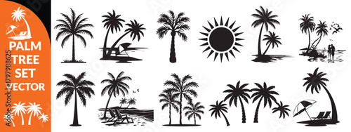 Black palm tree set vector illustration isolated on white background silhouette art black white stock illustration logo icon png. tropical, beach, landscape, pattern, paradise, coconut background  set