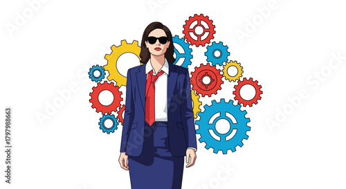 Empowered professional woman standing confidently against a backdrop of vibrant gears and mechanisms