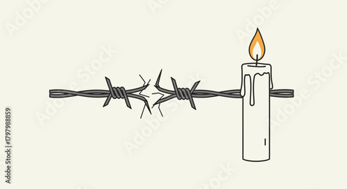 Symbol of hope overcoming adversity: A burning candle breaching barbed wire obstacles