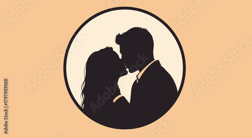 Silhouette of a loving couple embracing within a circle signifying unity and affection