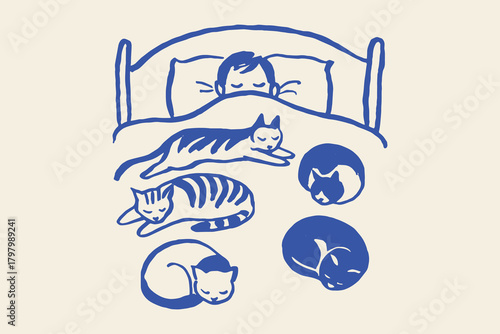 Sleeping child with cats naive hand drawn sketch vector illustration