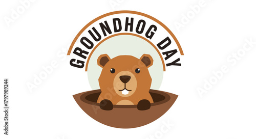 Cartoon Groundhog emerges from burrow for celebration on Groundhog Day anticipation