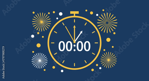 Festive new year celebration with clock striking midnight and fireworks displays
