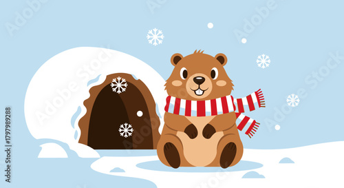 Groundhog cartoon character in winter landscape anticipating spring arrival ahead