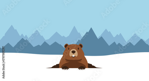 Groundhog peeking out of its burrow on Groundhog Day with snow and mountain view