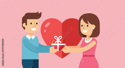Cartoon couple exchanging a heart-shaped gift, vector illustration with pink background showing