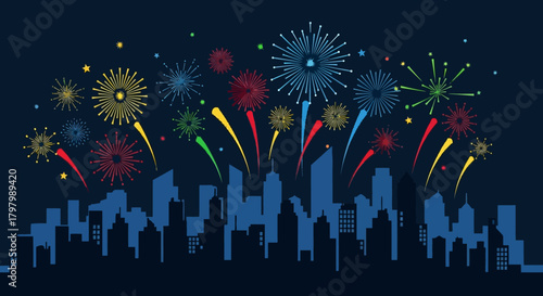 Vibrant cityscape silhouette illuminated by celebratory fireworks display at nightfall