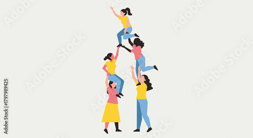 Empowered women building a human tower, symbolizing teamwork and collaboration success, isolated