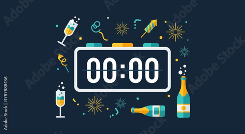 Celebratory countdown with festive beverages and fireworks ushering in a new year