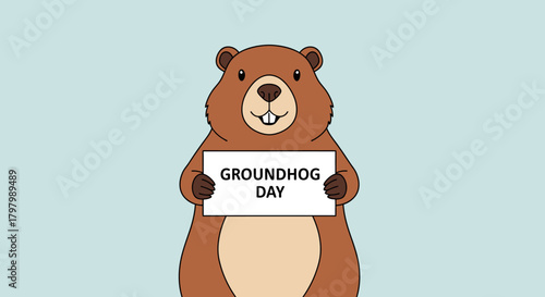 Cartoon groundhog holding a groundhog day sign with charming, cheerful anticipation for winter's