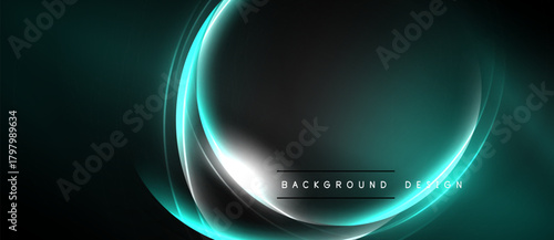 Abstract design features flowing turquoise lines, creating luminous oval shape over dark background. Minimalist aesthetic, modern feel.