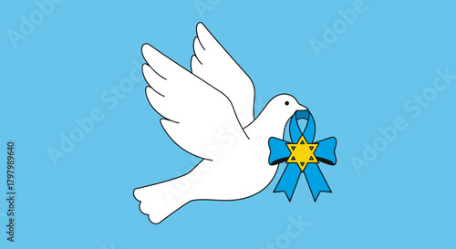 Dove carrying ribbon with star of David, representing peace and hope for the community and