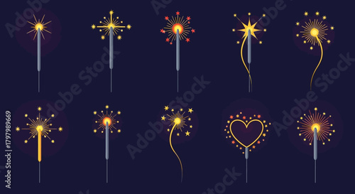 Collection of sparkling sparklers with decorative shapes, glowing brightly, on a dark backdrop