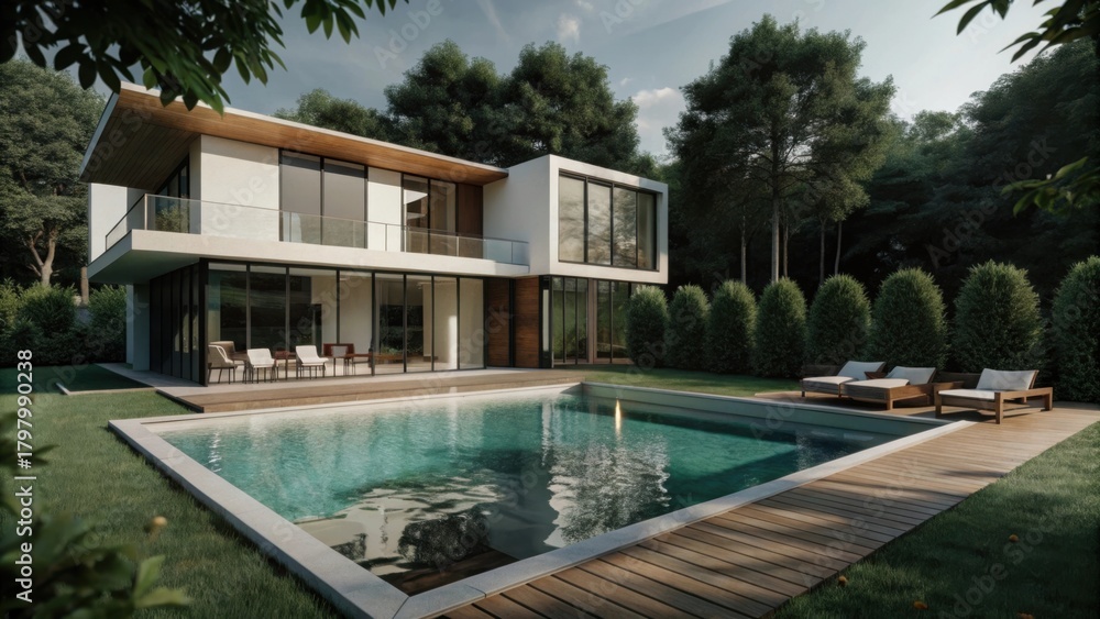 Fototapeta premium Modern luxury house with swimming pool and lush greenery isolated on white background