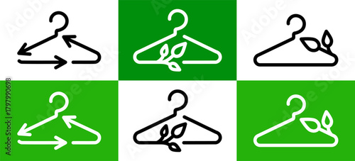 Recycling clothes icons showing sustainable fashion symbols with hanger, reused textile, eco friendly fabric signs. Illustration represents the concept of clothing care, repair, recycling materials