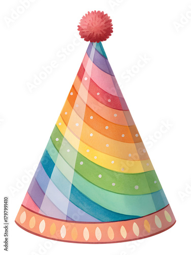 Colorful cone-shaped party hat with pom-pom tip, isolated on transparent background.