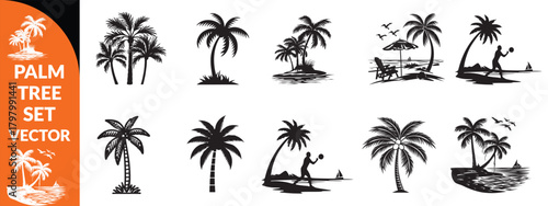 Black palm tree set vector illustration isolated on white background silhouette art black white stock illustration logo icon png. tropical, beach, landscape, pattern, paradise, coconut background  set