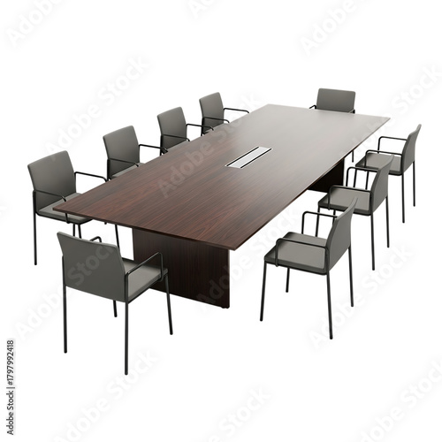 Large Dark Wood Conference Table Surrounded by Light Gray Chairs in a Formal Meeting Room