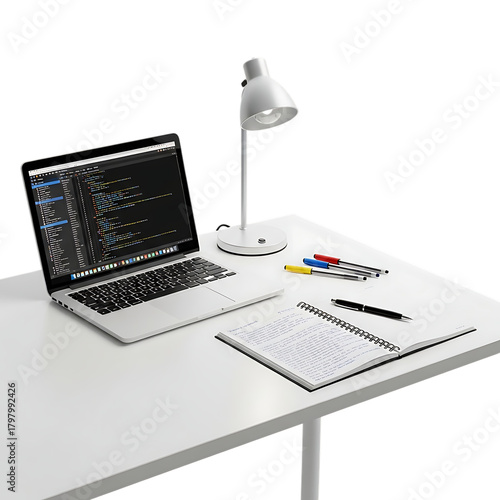 Laptop with Code on Screen, Desk Lamp, Notebook and Pens on White Desk Surface Keywords: laptop, computer, coding, programming, software development, desk