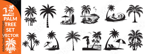 Black palm tree set vector illustration isolated on white background silhouette art black white stock illustration logo icon png. tropical, beach, landscape, pattern, paradise, coconut background  set