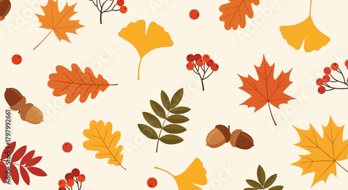 Autumn Leaves and Berries Seamless Pattern on Beige Background
