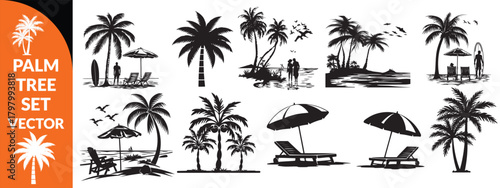 Black palm tree set vector illustration isolated on white background silhouette art black white stock illustration logo icon png. tropical, beach, landscape, pattern, paradise, coconut background  set
