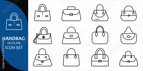 A clean and modern handbag outline icon set featuring stylish purse and bag designs. Perfect for fashion branding, UI icons, boutique graphics, logo elements, packaging, and digital design projects.