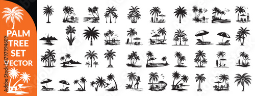 Black palm tree set vector illustration isolated on white background silhouette art black white stock illustration logo icon png. tropical, beach, landscape, pattern, paradise, coconut background  set