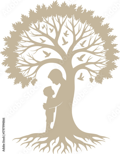 Mother and Child Under Tree Graphic: Love, Growth & Heritage Symbol