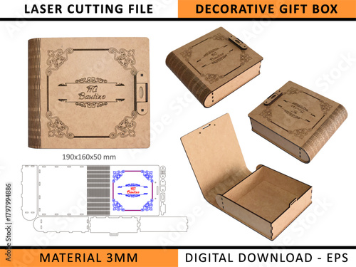 Laser Cut Gift Box Template. Decorative Wooden Box Vector EPS Design for CO2 Laser Cutting. Perfect for creating wooden boxes for gifts, jewelry, weddings, and special occasions. Laser cutting project
