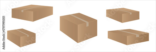 Set of realistic boxes. Front and top views of closed and open cardboard box mockups. Parcel delivery packaging. Design element for banner. 3D vector illustration collection