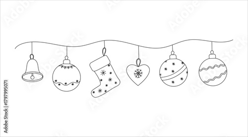 Set of Christmas garland balls bells hear snowflakes
 stocking fir decorations hend drawn vector illustration  in line art style hand drawn