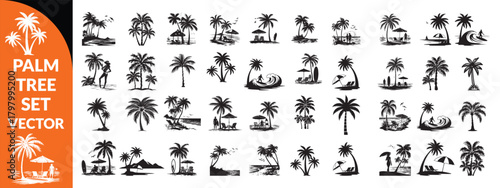 Black palm tree set vector illustration isolated on white background silhouette art black white stock illustration logo icon png. tropical, beach, landscape, pattern, paradise, coconut background  set