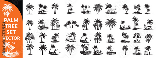 Black palm tree set vector illustration isolated on white background silhouette art black white stock illustration logo icon png. tropical, beach, landscape, pattern, paradise, coconut background  set
