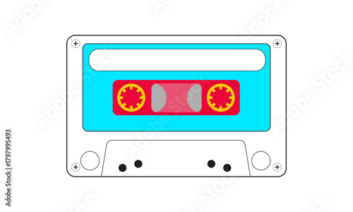 Illustration of an old cassette tape with space for text, in yellow, red, blue, and white. Vintage concept.