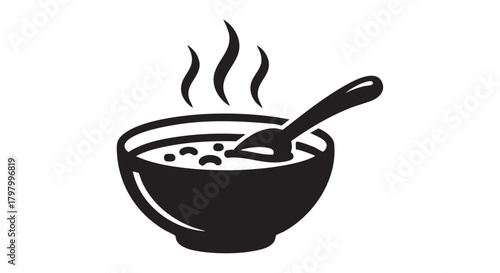 ## **10. Bowl of soup with steam and spoon outline icon vector**
