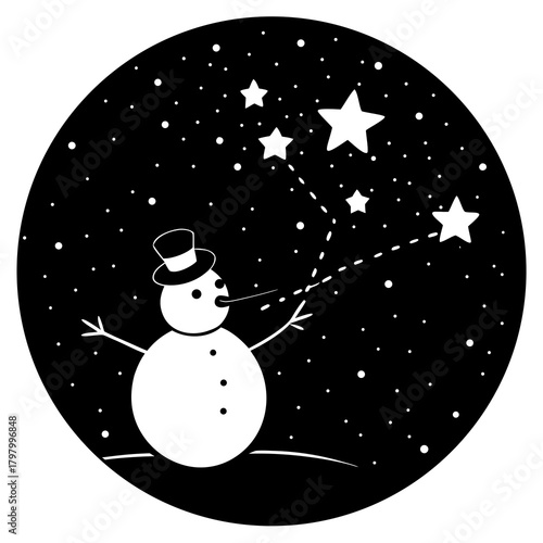 Whimsical snowman blowing stars and snowflakes on a dark night